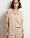 Luxe cashmere knit shirt with crisp turn-down collar, pearlized buttons, slim silhouette—office-smart warmth for winter weekdays.