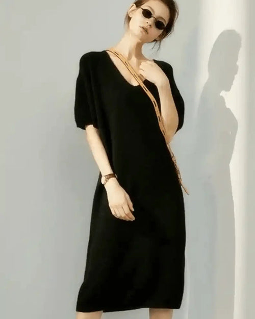 V-Neck Short-Sleeved Wool Knitted Dress