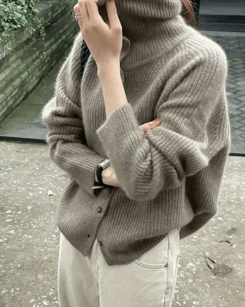 High Neck Pure Wool Short Cardigan