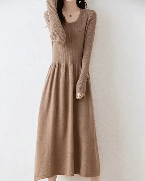 Round Neck Long Sleeves 100% Wool Knitted Dress