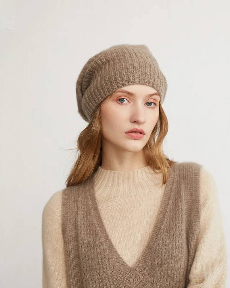 100 % cashmere rib-knit beanie, rolled brim, one-size stretch fit, heather taupe—cloud-soft winter warmth for every outfit.
