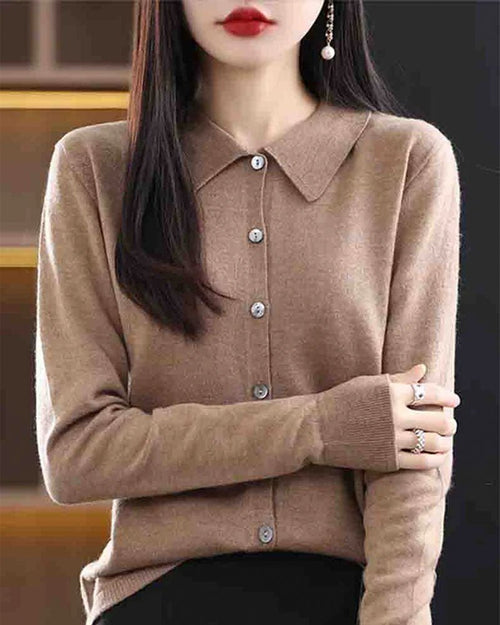 Woman layering the Basic Wool Shirt Cardigan, superfine Merino and shirt-style lapels give nautical polish—your wind-proof 45-65 °F fall-through-spring essential.