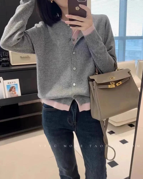 Women's  cashmere faux two-piece sweater - O-neck, single-breasted cardigan and loose knit fit, perfect for versatile autumn/winter layering or casual daily wear.