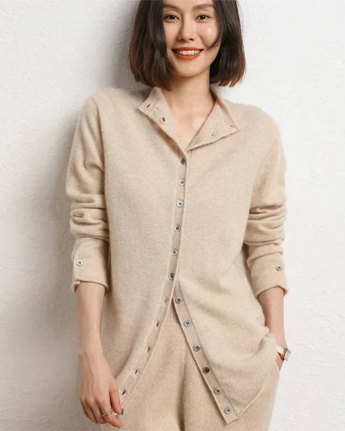Soft cashmere cardigan, stand-up collar, button front, ribbed cuffs—lightweight layer for crisp fall commutes or WFH comfort.