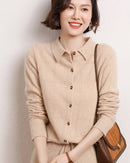 Women's cashmere openwork cardigan  autumn/winter high-end loose knit outerwear with shirt collar