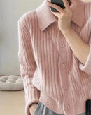 Women's wool knitted cardigan - polo collar, single-breasted closure and loose fit, perfect for cozy autumn/winter layering or casual daily outfits.