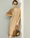 V-Neck Short-Sleeved Wool Knitted Dress