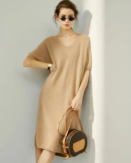 V-Neck Short-Sleeved Wool Knitted Dress