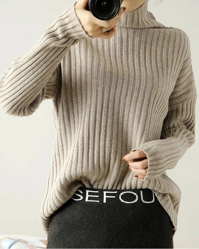 Ribbed Knit Turtleneck Wool Sweater