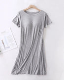 Women's Silky modal short sleeve sleep dress featuring a built-in chest pad, round neck, and soft knit fabric, perfect for breathable summer loungewear comfort.