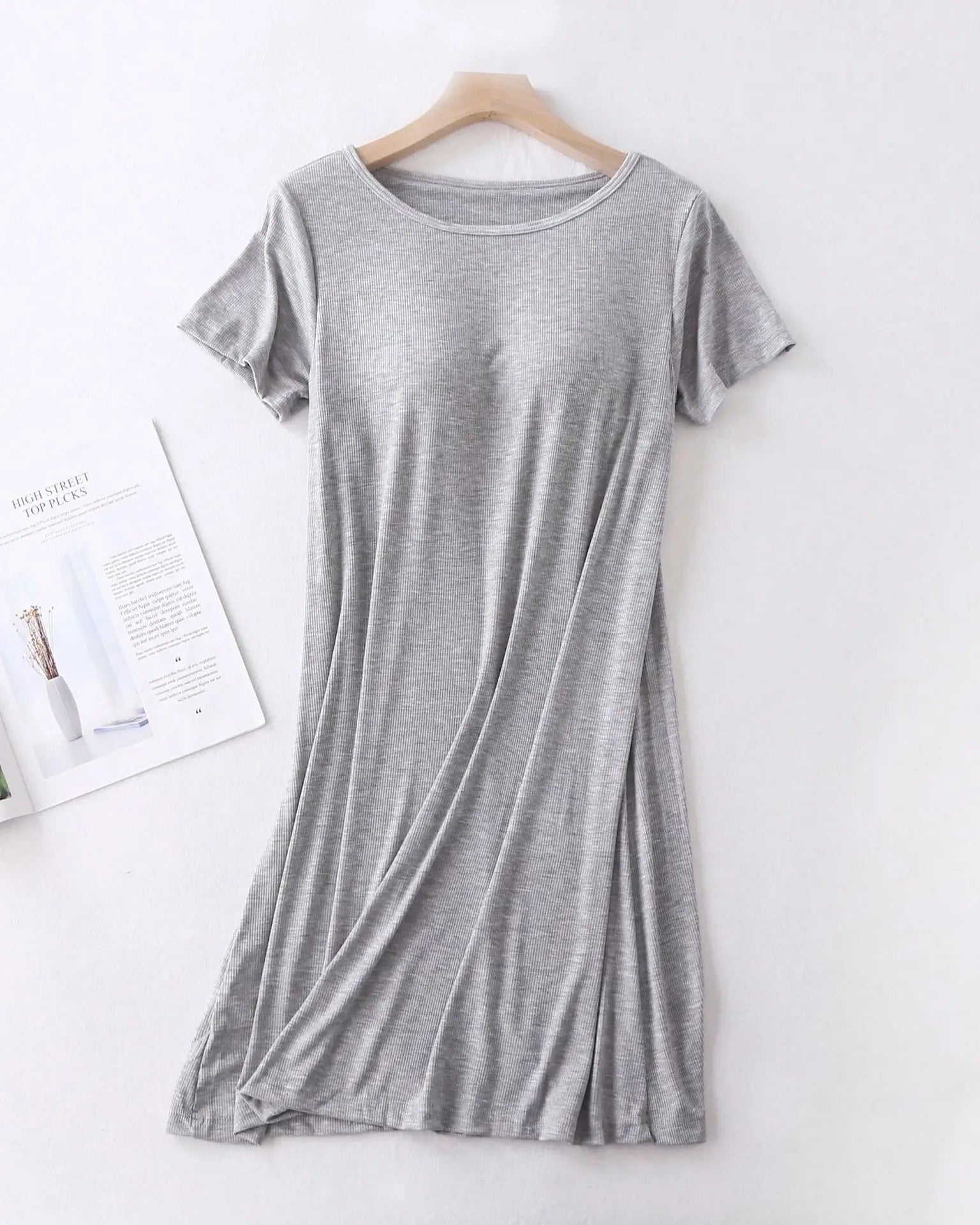 Women's Silky modal short sleeve sleep dress featuring a built-in chest pad, round neck, and soft knit fabric, perfect for breathable summer loungewear comfort.
