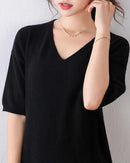 V-Neck Short-Sleeved Wool Knitted Dress