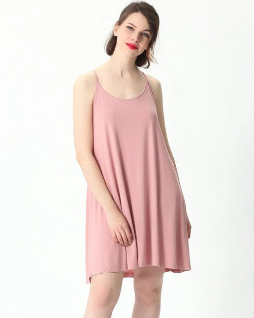 Women's Cotton-modal blend sling nightgown dress featuring adjustable thin straps, a relaxed knee-length cut, and soft knit fabric, perfect for breathable summer loungewear comfort.