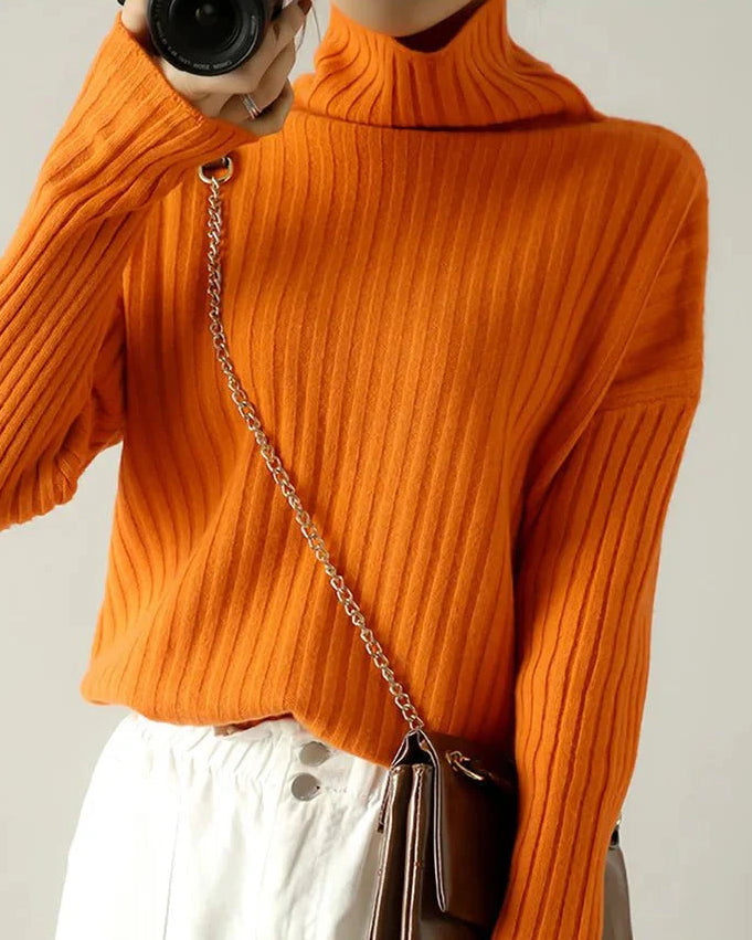 Ribbed Knit Turtleneck Wool Sweater