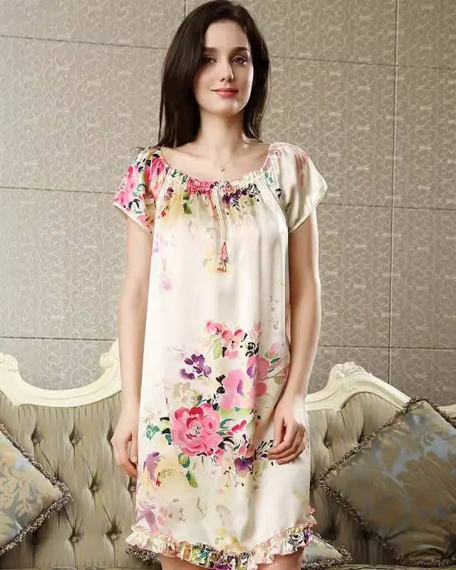 Mulberry Silk Floral Ruffle Nightgown