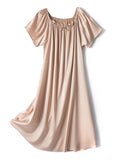 Silk-Spandex Square Neck Bat Sleeve Bow Mini Dress