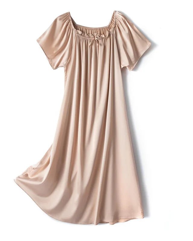 Silk-Spandex Square Neck Bat Sleeve Bow Mini Dress