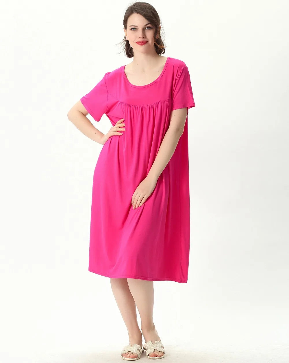 Plus Size Cotton Short-Sleeve Round Neck Sleep Dress