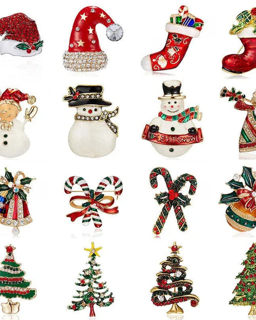 Collection of Christmas-themed jewelry pins including Santa hats, snowmen, stockings, angels, and trees.