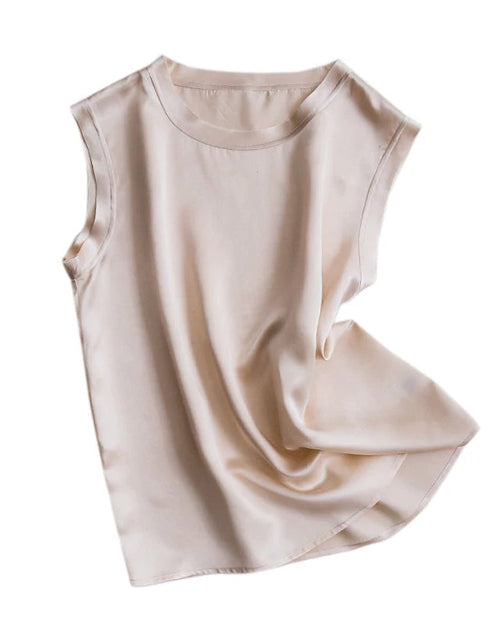 100% mulberry silk satin sleeveless tank top. Smooth, luminous & versatile in 4 solid colours, sizes M–XXL. Perfect for office or evening wear.