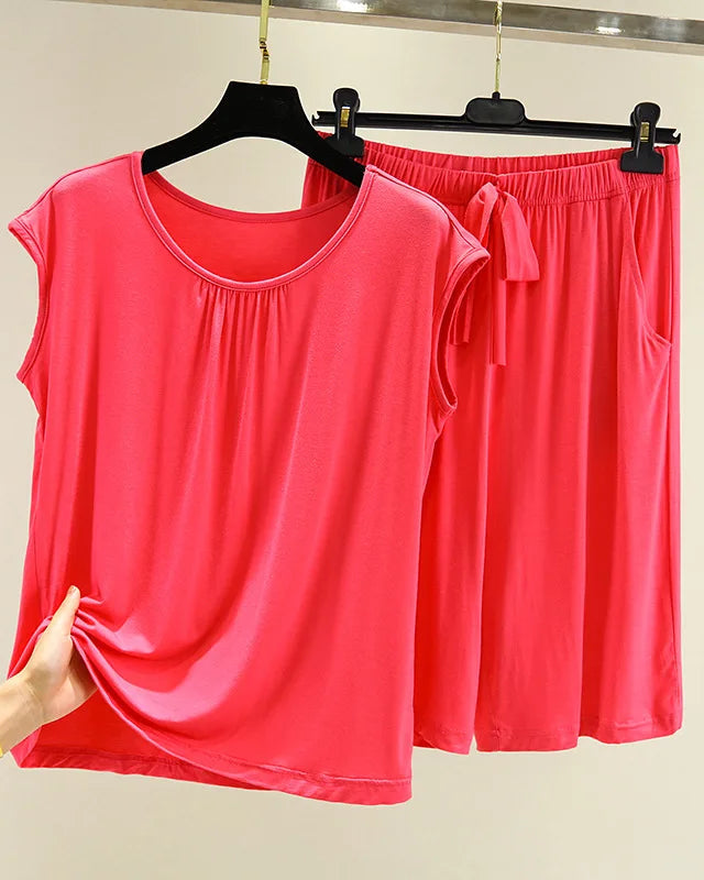 Modal Sleeveless Round-Neck Top & Shorts Pajama Set