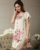 Mulberry silk floral nightgown with short sleeves & ruffle hem. Satin-smooth, lightweight mini sleepwear in 3 floral prints for spring & summer.