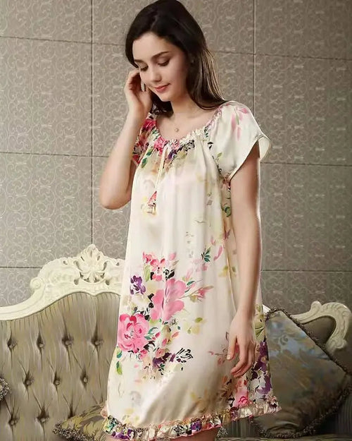 Mulberry silk floral nightgown with short sleeves & ruffle hem. Satin-smooth, lightweight mini sleepwear in 3 floral prints for spring & summer.
