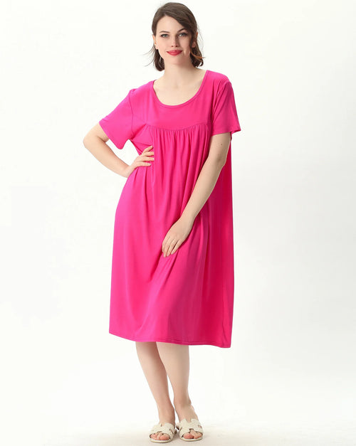 Plus size cotton, modal & elastane knit sleep dress with round neckline and short sleeves. Soft, stretchy & breathable mid-calf fit, sizes 4XL–7XL.