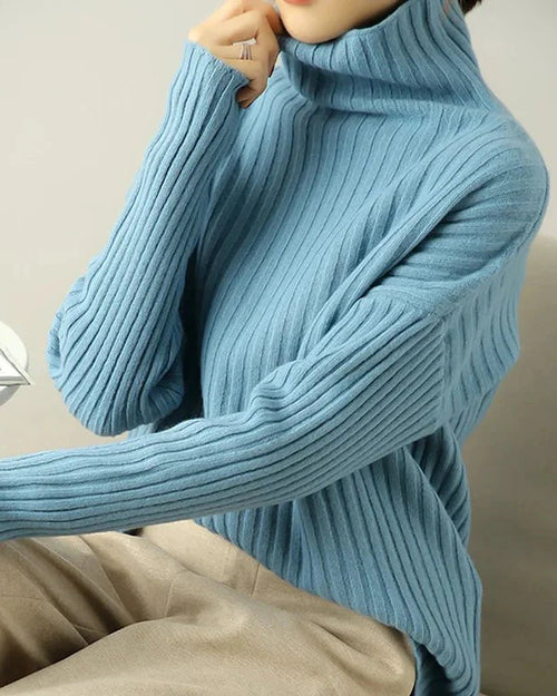 Ribbed Knit Turtleneck Wool Sweater
