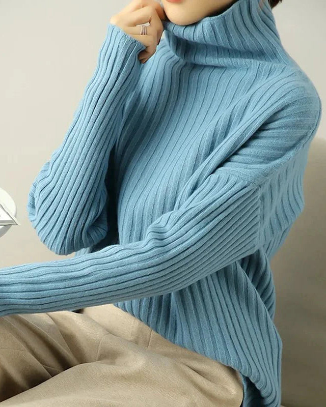 Ribbed Knit Turtleneck Wool Sweater