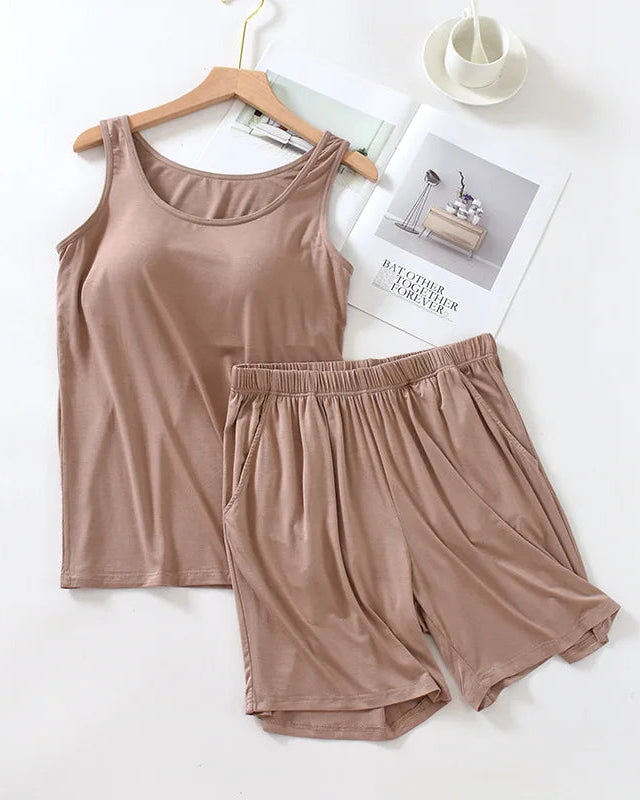 Modal Built-In Bra Vest & Shorts 2-Piece Pajama Set