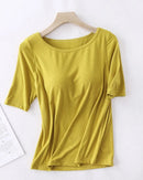 Women's Modal-cotton blend padded sleep top featuring a built-in chest support, half-sleeve cut, and soft knit fabric, perfect for breathable summer loungewear comfort.