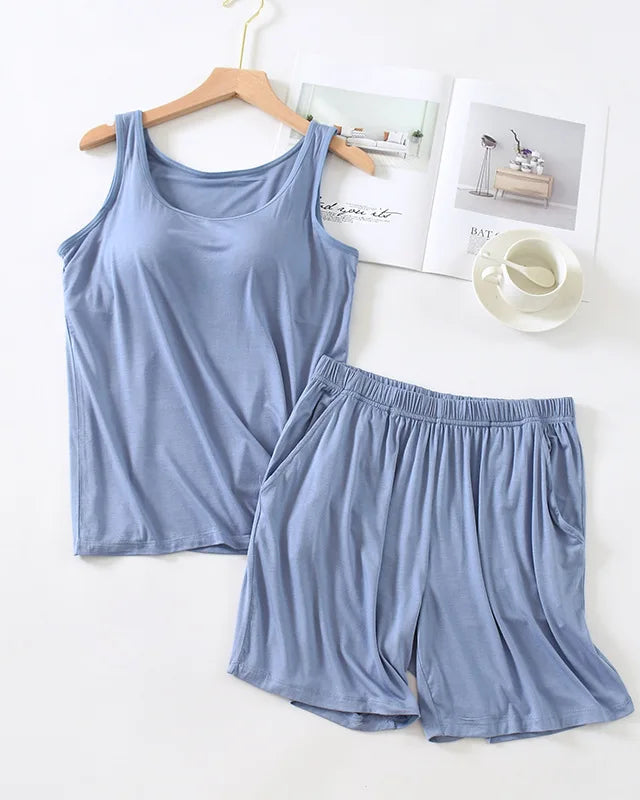 Women's Silky modal 2-piece pajama set featuring a built-in chest pad vest, matching shorts, and soft knit fabric, perfect for breathable summer loungewear comfort.