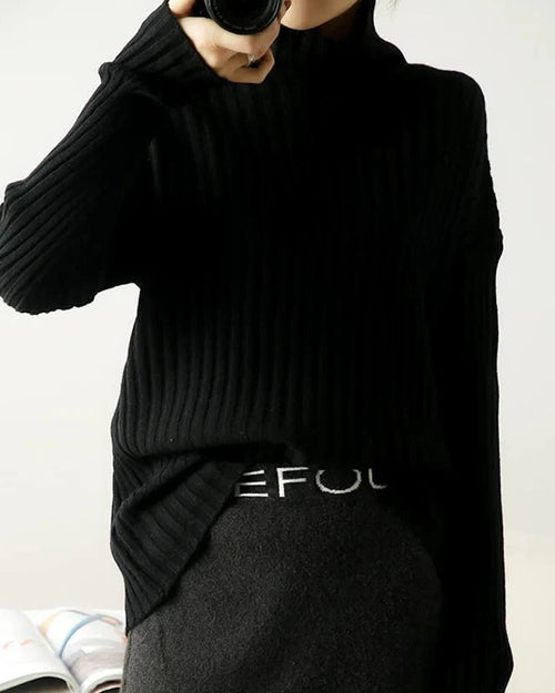 Ribbed Knit Turtleneck Wool Sweater