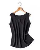 100% mulberry silk crepe sleeveless tank top with a round neckline. Naturally cool, smooth & beautifully draped — a versatile summer essential.
