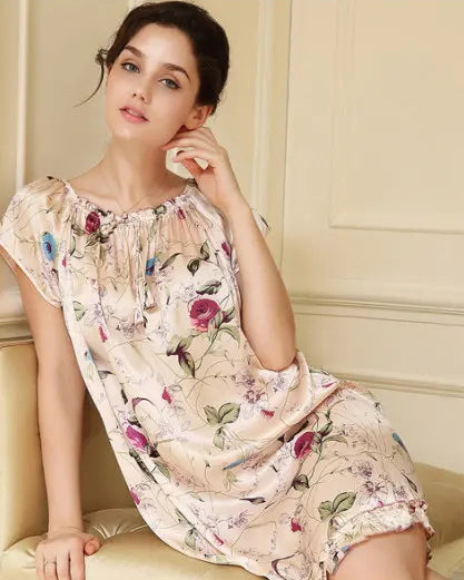 Mulberry Silk Floral Ruffle Nightgown
