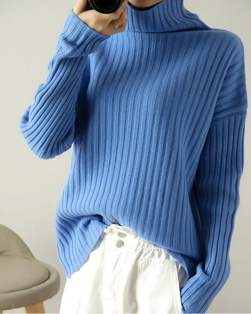 Ribbed Knit Turtleneck Wool Sweater