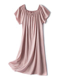 93% mulberry silk & 7% spandex square neck bat sleeve mini dress with bow detail. Fluid, elegant & gently stretchy in 2 colours, one size.