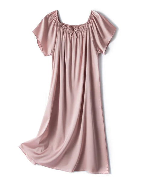 93% mulberry silk & 7% spandex square neck bat sleeve mini dress with bow detail. Fluid, elegant & gently stretchy in 2 colours, one size.
