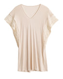 23% silk & 77% viscose knit V-neck mini nightgown with lace trim & short sleeves. Lightweight, breathable summer sleepwear in 1 colours.
