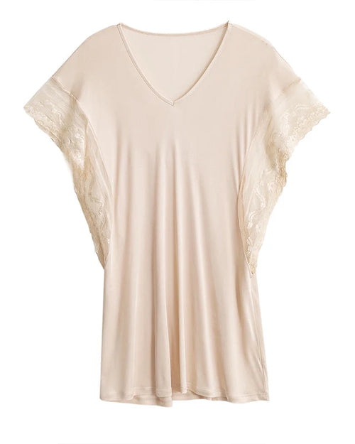 23% silk & 77% viscose knit V-neck mini nightgown with lace trim & short sleeves. Lightweight, breathable summer sleepwear in 1 colours.