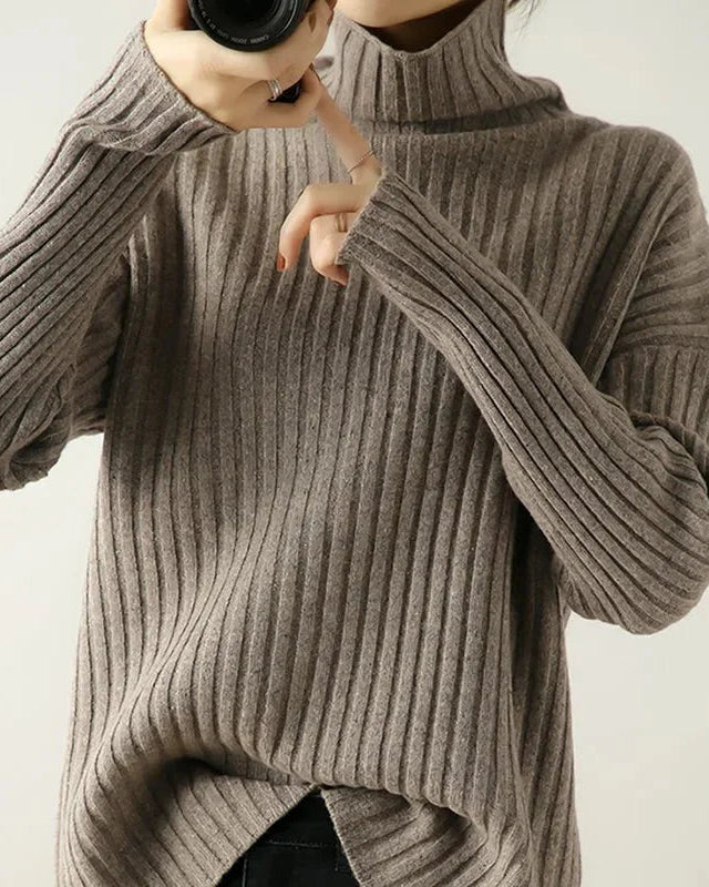 Ribbed Knit Turtleneck Wool Sweater
