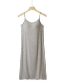 Modal-cotton knit sleep dress with built-in padded bra and spaghetti straps. Soft, breathable & relaxed in 4 colours, sizes M–XXL.