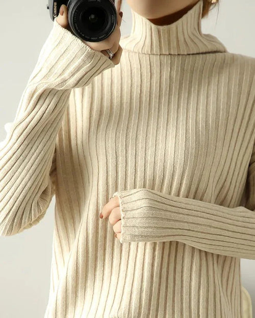 Ribbed Knit Turtleneck Wool Sweater
