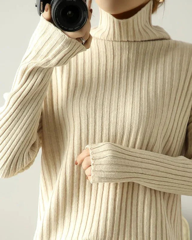 Ribbed Knit Turtleneck Wool Sweater