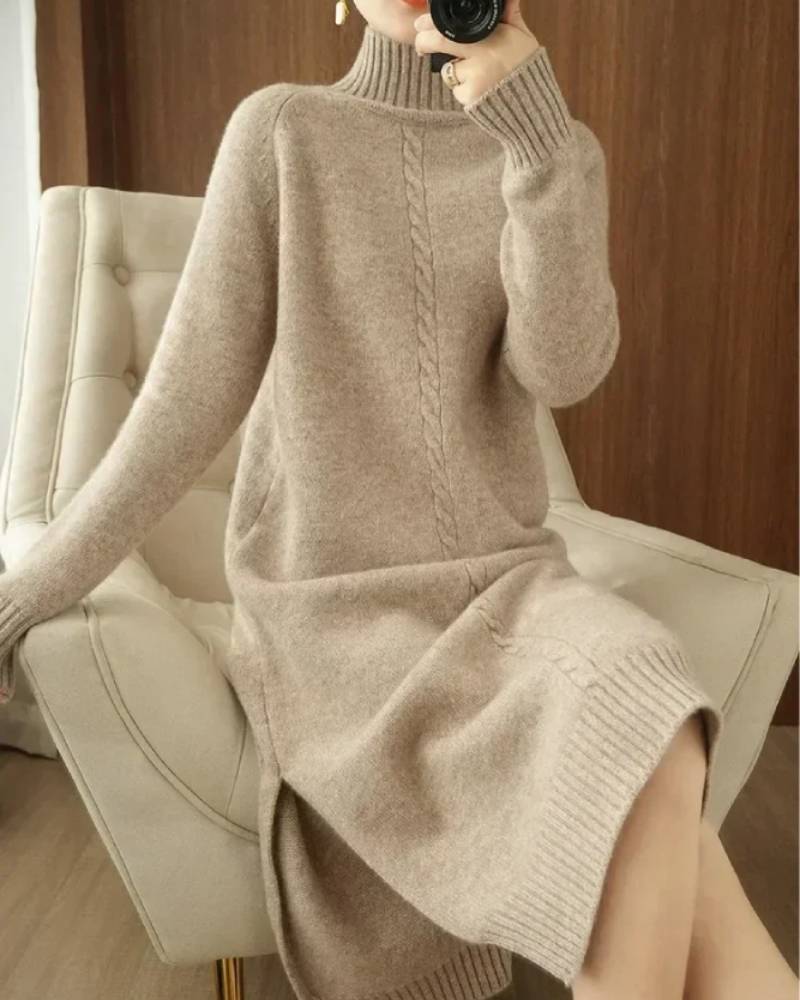 100 % merino-wool dress, high stand-collar, long sleeves, over-the-knee length, storm-gray—elegant winter staple for office or dinner.