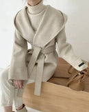 Hooded wool-blend wrap coat, self-tie belt, midi length, oversized hood, camel melange— runway-ready winter layer for her that layers over knits or suits .