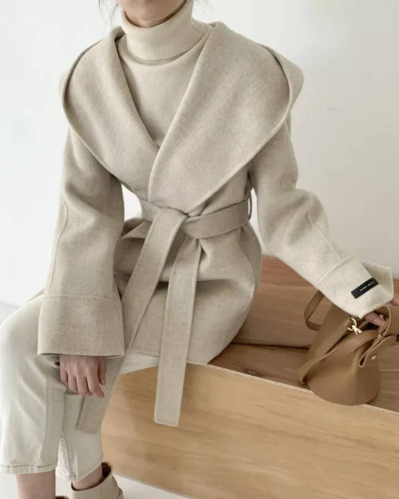 Hooded wool-blend wrap coat, self-tie belt, midi length, oversized hood, camel melange— runway-ready winter layer for her that layers over knits or suits .
