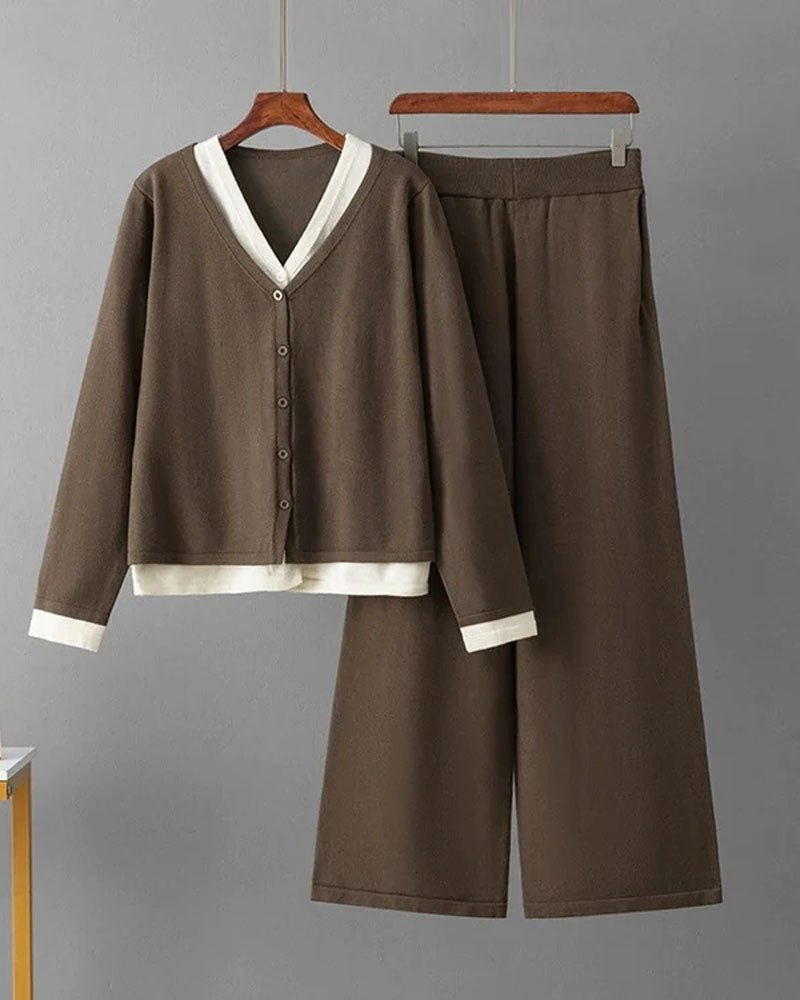 Long Sleeve V Neck Sweater+Wide Legs Pants