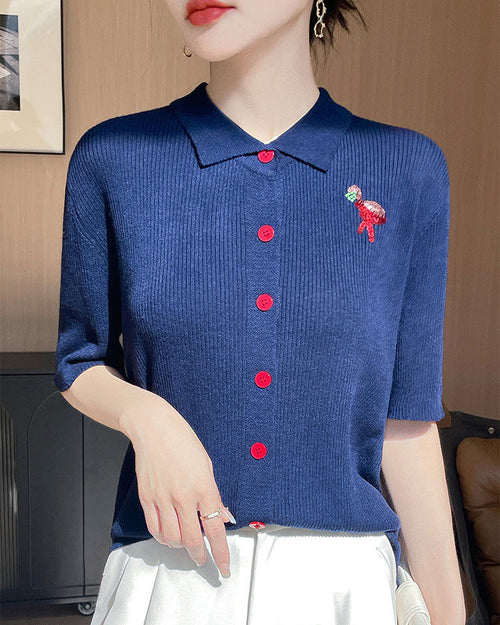 New Wool Polo Collar Short-Sleeved Cardigan